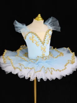 Robe de ballerine bleu ciel clair pour fille ornée d'appliqués de dentelle en polyester idéale pour les spectacles.