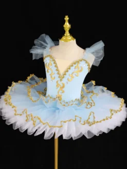 Robe de ballerine bleu ciel clair pour fille ornée d'appliqués de dentelle en polyester idéale pour les spectacles.