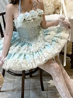 Robe de ballerine Lolita pour homme bleue et rose à volants JSK à lacets robe Sweet Lolita
