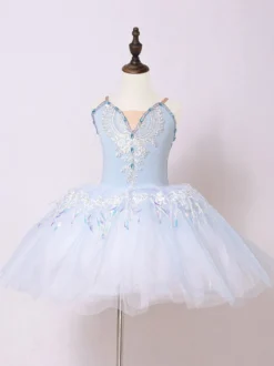 Robe de ballerine rose ballet pour petite fille col en V en polyester avec application de dentelle.