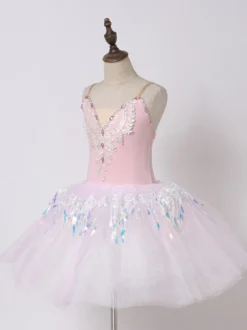 Robe de ballerine rose ballet pour petite fille col en V en polyester avec application de dentelle.