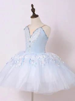 Robe de ballerine rose ballet pour petite fille col en V en polyester avec application de dentelle.