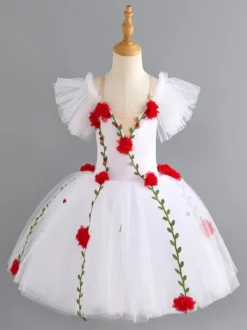 Robe de ballet blanche pour fille ornée d'appliqués floraux en polyester pour la danse