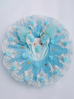 Robe de ballet bleu ciel clair pour fille ballerine en polyester dentelle appliquée robe en tulle tenue de spectacle