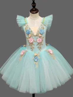 Robe de ballet bleu ciel clair pour enfants robe tutu à volants et fleurs tenue de danse