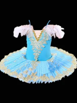 Robe de Ballet bleu ciel clair fille enfant costume ballerine à volants perles en dentelle manches courtes
