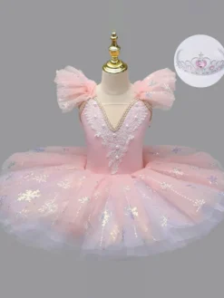 Robe de ballet bleu ciel clair pour fille ornée d'appliqués neige en polyester idéale pour les spectacles.