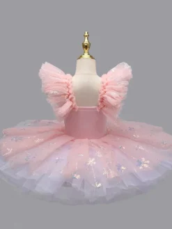 Robe de ballet bleu ciel clair pour fille ornée d'appliqués neige en polyester idéale pour les spectacles.