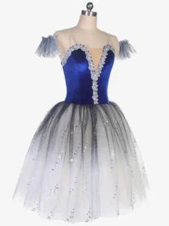 Robe de Ballet Bleue Femme Enfant Ballerine Strass Volants Dentelle Polyester Robe Performance Wear