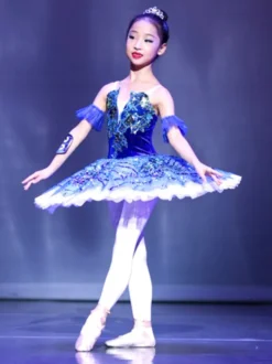 Robe de Ballet bleu profond pour adultes et enfants ballerine à volants en dentelle imprimé Floral en Polyester vêtements de Performance