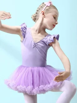 Robe de ballet lilas femme enfant danseuse découpée volants oeuvre plissée mélange de coton robe tunique vêtements de danse costume de danse