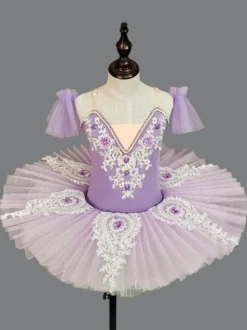 Robe de ballet pour filles lavande en tulle superposé brodé en polyester