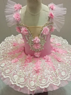 Robe de Ballet Rose Enfant Adulte Ballerine Volants Fleurs Dentelle Polyester Robe Performance Porter