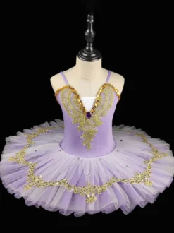 Robe de ballet violette pour fille ornée de dentelle et de sequins idéale pour les spectacles.