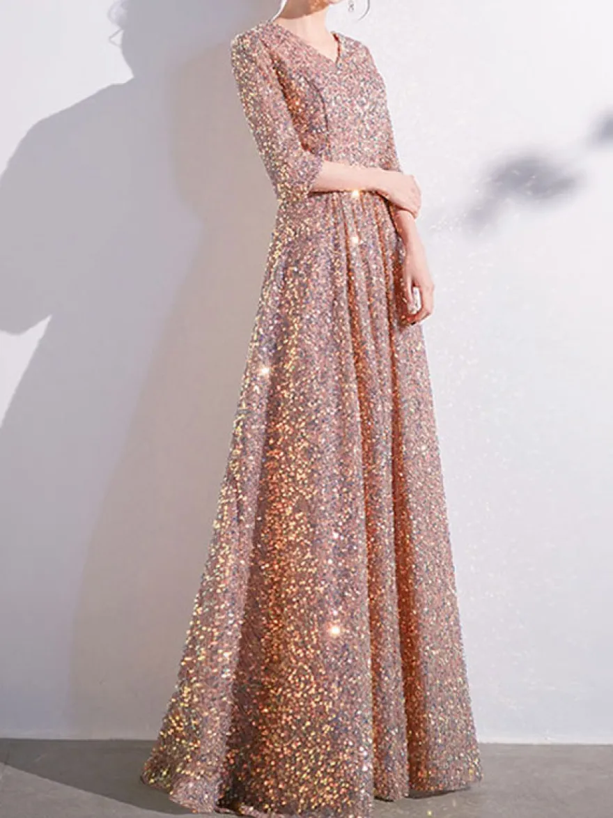 Robe de bal à paillettes col en V demi-manches robes de soirée