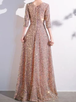 Robe de bal à paillettes col en V demi-manches robes de soirée