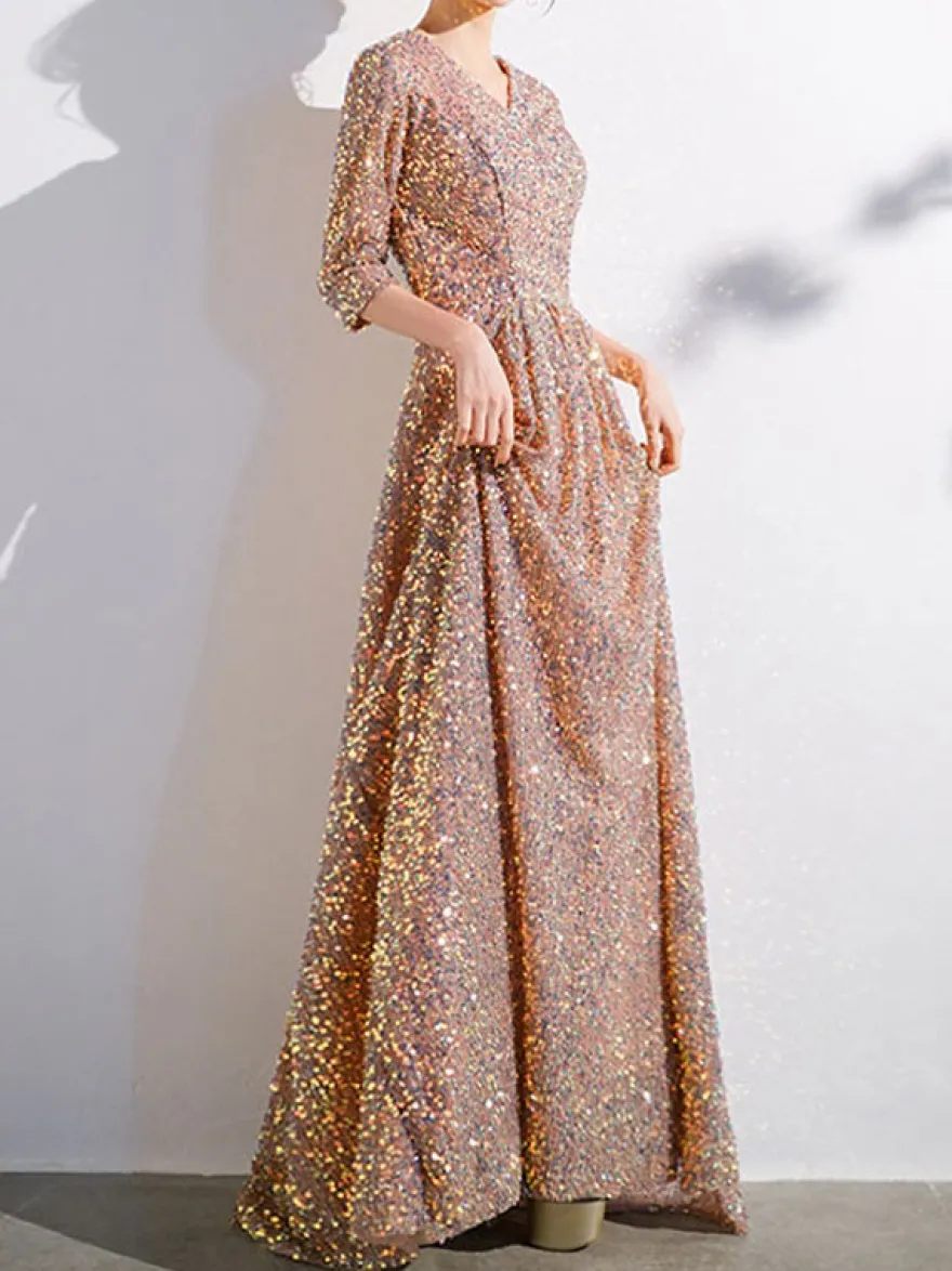 Robe de bal à paillettes col en V demi-manches robes de soirée