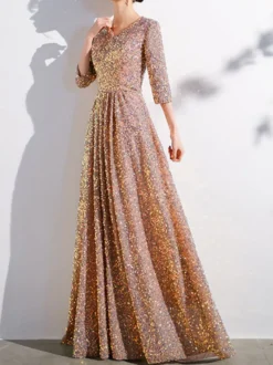 Robe de bal à paillettes col en V demi-manches robes de soirée