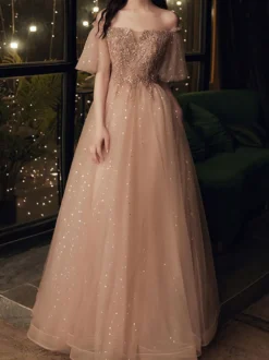 Robe de bal 2026 robe de bal marron épaules dénudées tulle manches courtes perlées longueur au sol robes de reconstitution historique robes d'invité de mariage personnalisation gratuite