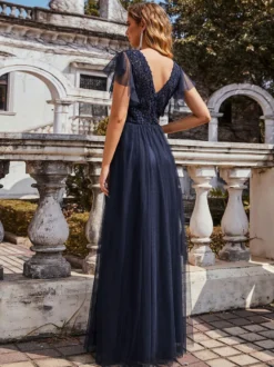 Robe de bal robe de cocktail mariage col V manche courte au sol