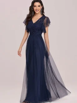 Robe de bal robe de cocktail mariage col V manche courte au sol