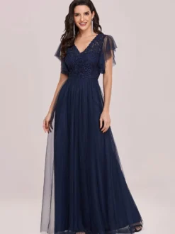Robe de bal robe de cocktail mariage col V manche courte au sol