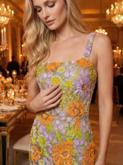 Robe de bal robe de soirée col carré dentelle longueur au sol fleurs robe de cocktail