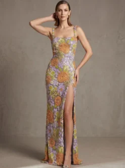 Robe de bal robe de soirée col carré dentelle longueur au sol fleurs robe de cocktail