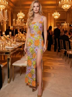 Robe de bal robe de soirée col carré dentelle longueur au sol fleurs robe de cocktail