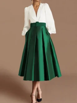 Robe de bal robe de soirée col en V satin manches longues ceinture robe de concours