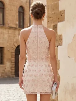 Robe de bal robe de soirée courte décolleté illusion sans manches fermeture éclair dentelle robe de soirée formelle en dentelle