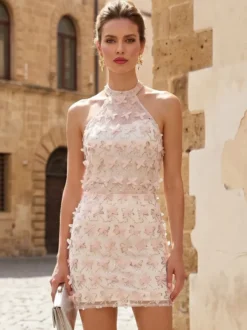 Robe de bal robe de soirée courte décolleté illusion sans manches fermeture éclair dentelle robe de soirée formelle en dentelle