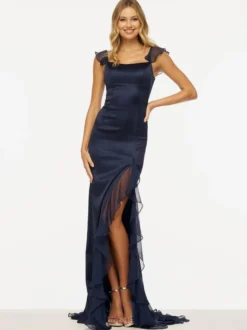 Robe de bal sirène col bijou balayage sans manches fermeture éclair plissée en mousseline de soie robes de dîner formelles