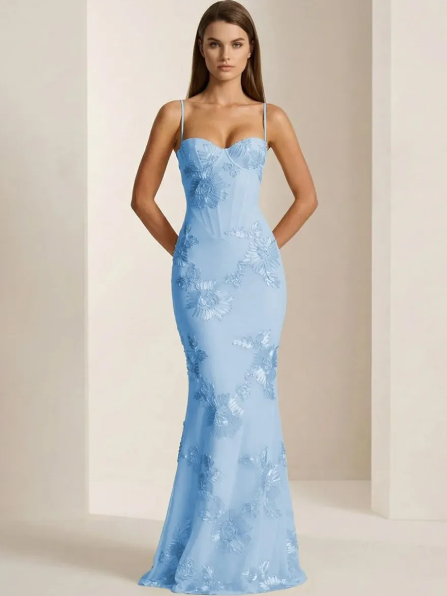 Robe de bal sirène à col cœur sans manches lacée ornée de fleurs en dentelle robe de soirée formelle