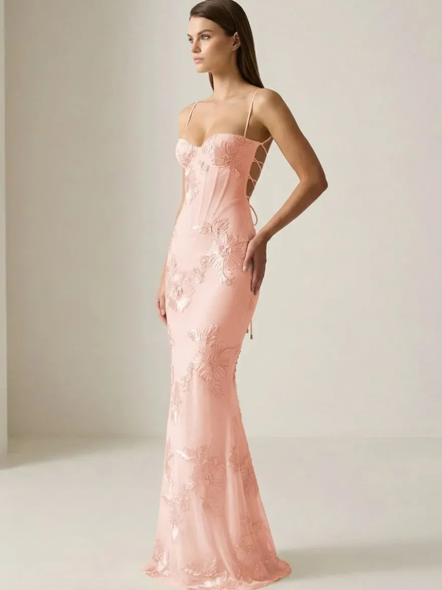 Robe de bal sirène à col cœur sans manches lacée ornée de fleurs en dentelle robe de soirée formelle