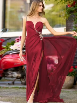 Robe de bal sirène col en V élastique en soie comme du Satin plissée robes de soirée formelles