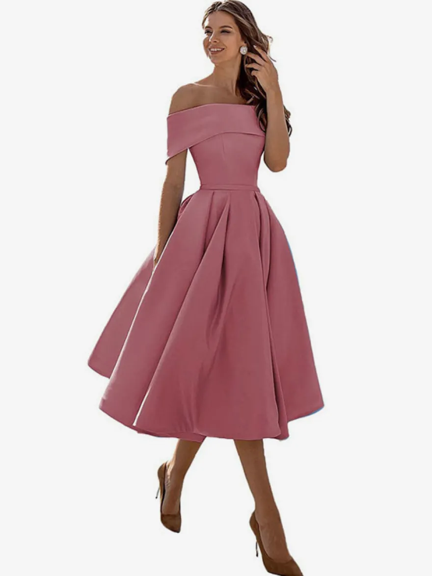 Robe de bal trapèze à épaules dénudées en satin longueur thé robe de soirée habillée
