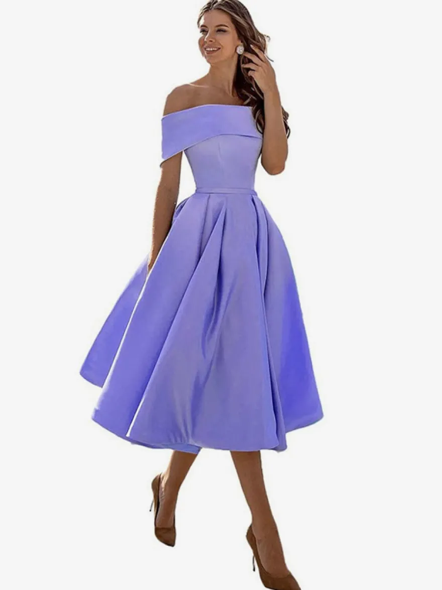 Robe de bal trapèze à épaules dénudées en satin longueur thé robe de soirée habillée