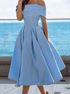 Robe de bal trapèze à épaules dénudées en satin longueur thé robe de soirée habillée