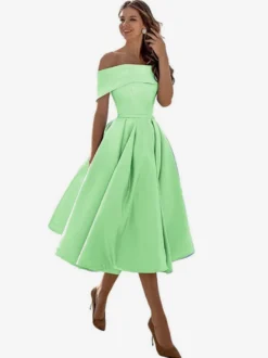 Robe de bal trapèze à épaules dénudées en satin longueur thé robe de soirée habillée