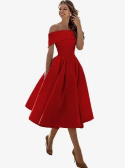 Robe de bal trapèze à épaules dénudées en satin longueur thé robe de soirée habillée