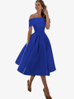 Robe de bal trapèze à épaules dénudées en satin longueur thé robe de soirée habillée