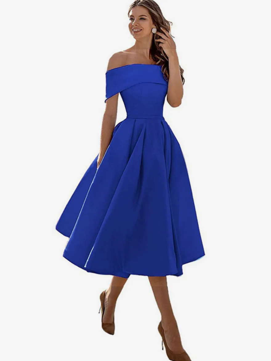 Robe de bal trapèze à épaules dénudées en satin longueur thé robe de soirée habillée