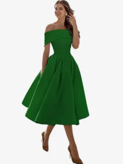 Robe de bal trapèze à épaules dénudées en satin longueur thé robe de soirée habillée