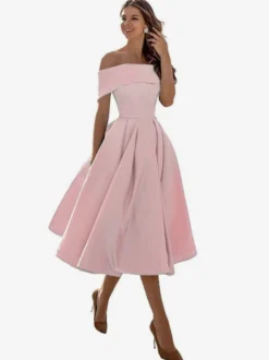 Robe de bal trapèze à épaules dénudées en satin longueur thé robe de soirée habillée