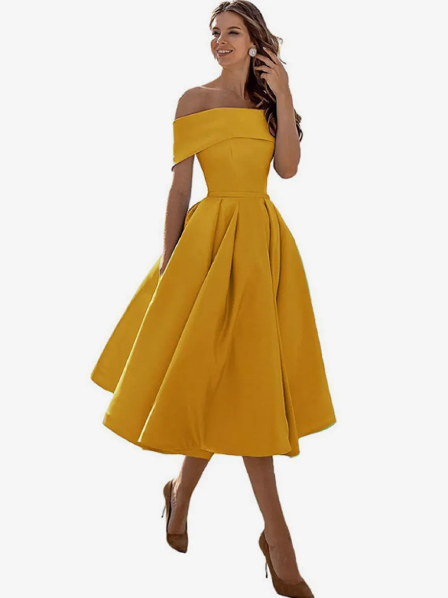 Robe de bal trapèze à épaules dénudées en satin longueur thé robe de soirée habillée