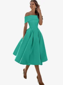 Robe de bal trapèze à épaules dénudées en satin longueur thé robe de soirée habillée