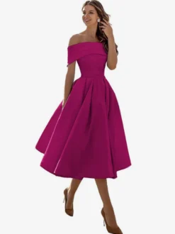 Robe de bal trapèze à épaules dénudées en satin longueur thé robe de soirée habillée