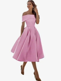 Robe de bal trapèze à épaules dénudées en satin longueur thé robe de soirée habillée
