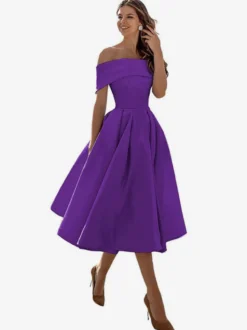 Robe de bal trapèze à épaules dénudées en satin longueur thé robe de soirée habillée